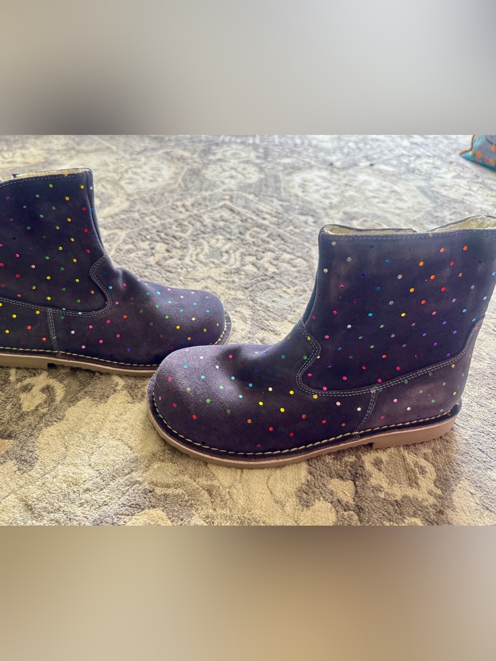 Mini Boden Navy Suede Kids Ankle Boots with Colorful Polka Dots